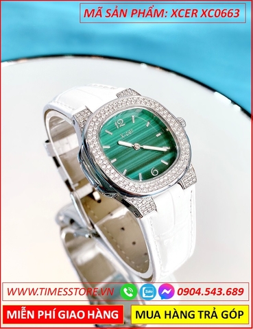 Đồng Hồ Nữ Xcer Mặt Vuông Xanh Đính Đá Swarovski Dây Da Trắng