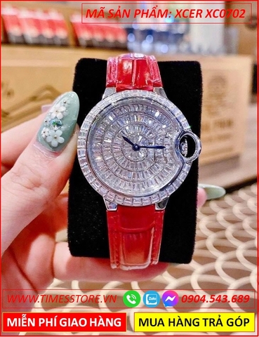 Đồng Hồ Nữ Xcer Tựa Cartier Mặt Full Pha Lê Dây Da Đỏ