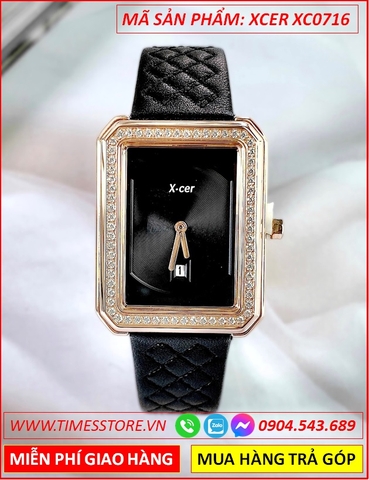 Đồng Hồ Nữ Xcer Tựa Chanel Rose Gold Mặt Chữ Nhật Đen Dây Da