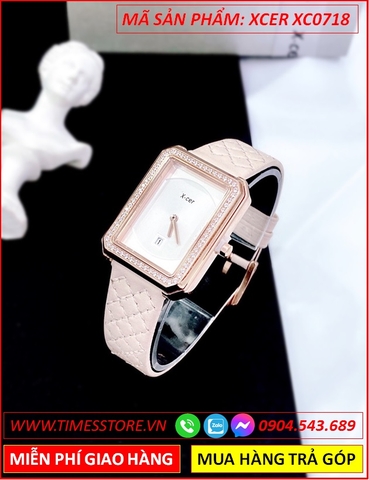 Đồng Hồ Nữ Xcer Tựa Chanel Mặt Chữ Nhật Rose Gold Dây Da Hồng