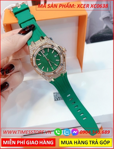 Đồng Hồ Nữ Xcer Tựa Hublot Rose Gold Đính Đá Dây Cao Su Xanh