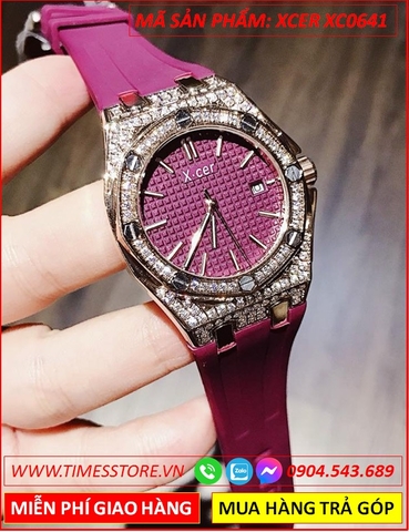 Đồng Hồ Nữ Xcer Tựa Hublot Rose Gold Đính Đá Dây Silicone Tím