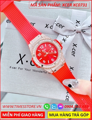 Đồng Hồ Nữ Xcer Tựa Hublot Rose Gold Đính Đá Dây Silicone Đỏ
