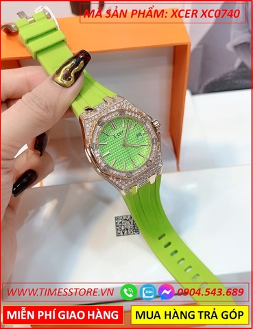 Đồng Hồ Nữ Xcer Tựa Hublot Rose Gold Đính Đá Dây Silicone Xanh Lá