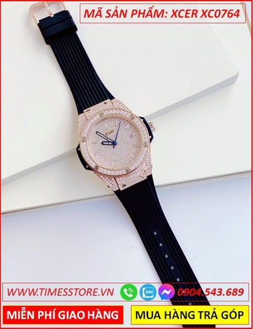 Đồng Hồ Nữ Xcer Tựa Hublot Mặt Full Đá Rose Gold Dây Silicone Đen (34mm)