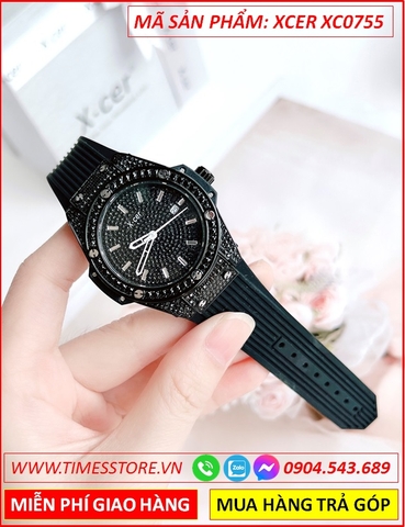 Đồng Hồ Nữ Xcer Tựa Hublot Mặt Full Đá Đen Dây Silicone Đen (34mm)