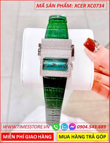 Đồng Hồ Nữ Xcer Tựa Piaget Mặt Chữ Nhật Full Đá Dây Da Xanh
