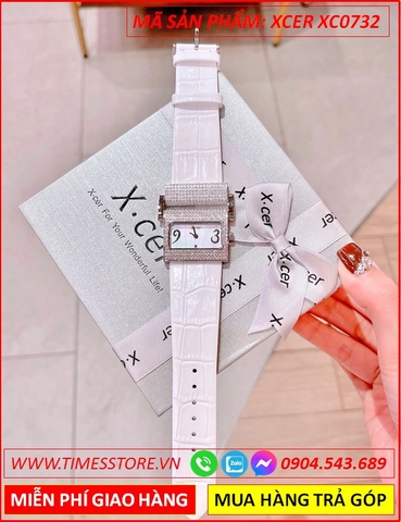 Đồng Hồ Nữ Xcer Tựa Piaget Mặt Chữ Nhật Full Đá Dây Da Trắng