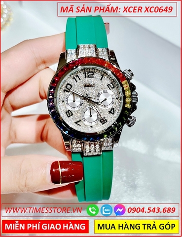 Đồng Hồ Nữ Xcer Tựa Rolex Đính Đá Nhiều Màu Dây Cao Su Xanh