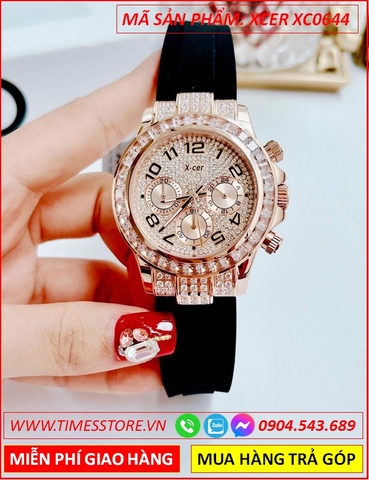 Đồng Hồ Nữ Xcer Tựa Rolex Rose Gold Full Đá Dây Cao Su Đen