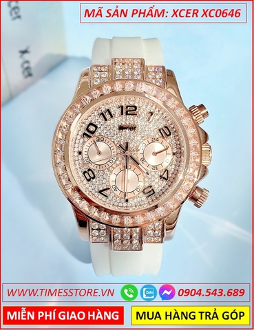 Đồng Hồ Nữ Xcer Tựa Rolex Rose Gold Full Đá Dây Cao Su Trắng