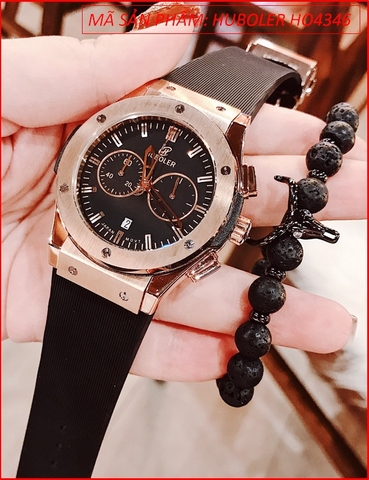 Set Đồng hồ Nam Huboler Mặt Tròn tựa Hublot Dây Cao Su Đen (43mm)