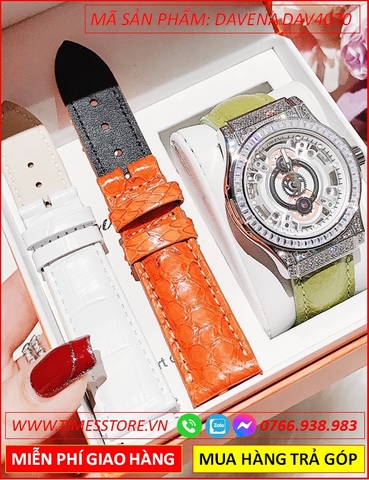 Set Đồng Hồ Davena Nữ Automatic Mặt Tròn Full Đá Dây Da Xanh