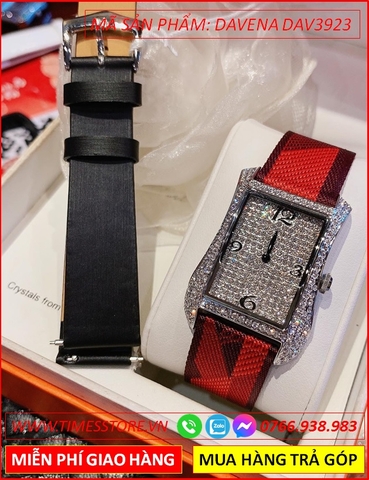 Set Đồng hồ Nữ Davena Dây Da Lụa Phiên Bản Hermes Swarovski (34mm)