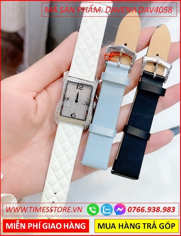 Set Đồng Hồ Nữ Davena Mặt Chữ Nhật Full Đá Dây Da Trắng