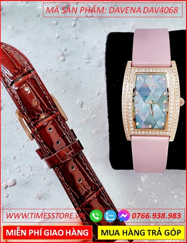 Set Đồng Hồ Davena Nữ Mặt Chữ Nhật Khảm Trai Dây Satin Tím