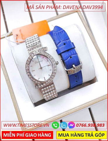 Set Đồng hồ Nữ Davena Mặt Elip Dây Kim Loại Full Đá Swarovski