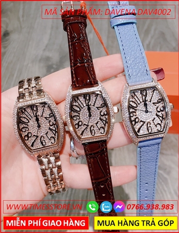 Set Đồng hồ Nữ Davena Mặt Oval Swarovski Full Đá Dây Da Xanh Dương