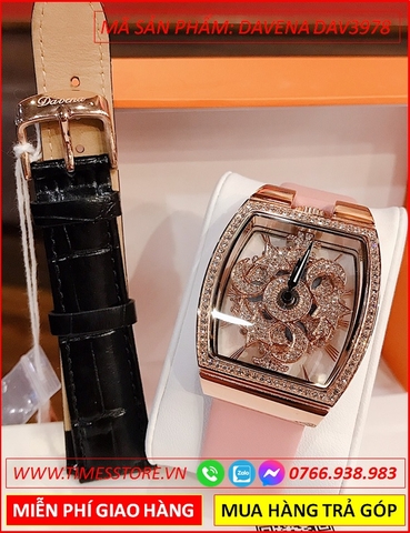 Set Đồng hồ Nữ Davena Mặt Oval Xoay Rose Gold Cao Su Hồng (36mm)