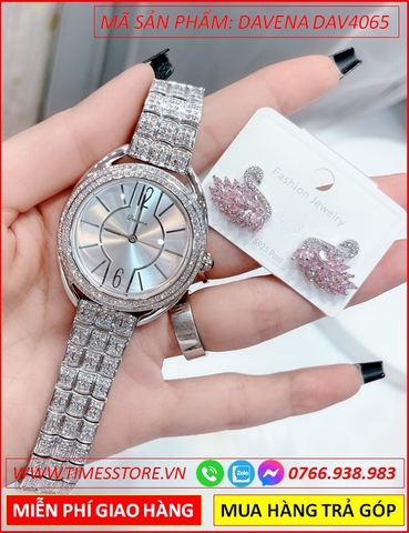 Set Đồng Hồ Davena Nữ Mặt Tròn Dây Kim Loại Full Đá Swarovski