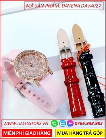 Set Đồng hồ Nữ Davena Đính Full Đá Swarovski Dây Cao Su Hồng