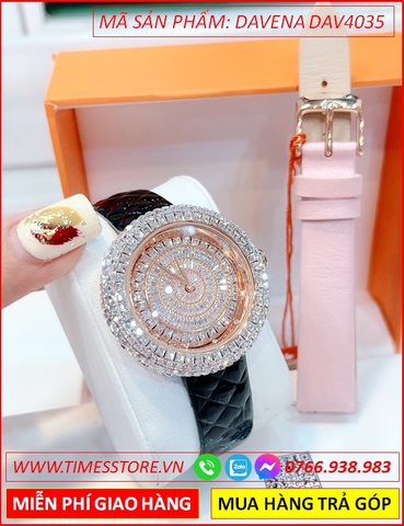 Set Đồng Hồ Nữ Davena Mặt Tròn Full Đá Pha Lê Rose Gold Dây Da (36mm)