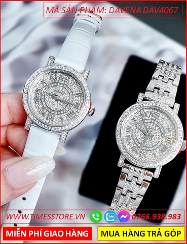 Set Đồng Hồ Davena Nữ Mặt Tròn Full Đá Swarovski Dây Da Trắng (30mm)