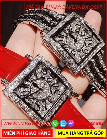 Set Đồng hồ Nữ Davena Mặt Vuông Full Đá Swarovski Dây Da Đỏ