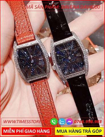 Set Đồng hồ Nữ Davena Mặt Oval Xanh Đính Full Đá Dây Da Màu Đỏ