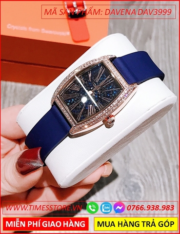 Set Đồng hồ Nữ Davena Mặt Oval Rose Gold Dây Cao Su Xanh Dương