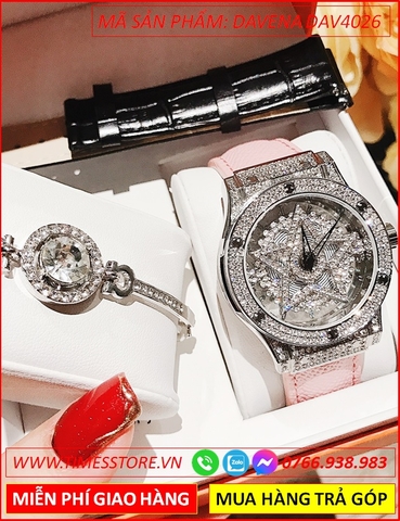 Set Đồng hồ Nữ Davena Mặt Xoay Ngôi Sao Dây Da Vân Màu Hồng