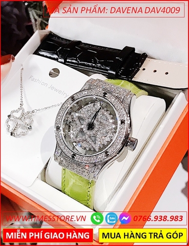 Set Đồng hồ Nữ Davena Mặt Ngôi Sao Xoay Dây Da Xanh Lá Chanh