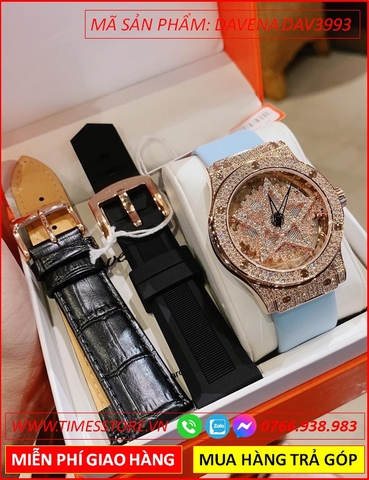 Set Đồng hồ Nữ Davena Ngôi Sao Rose Gold Dây Cao Su Xanh