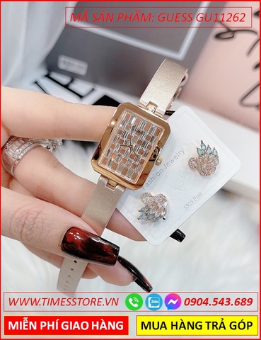 Đồng hồ Nữ Guess Mặt Chữ Nhật Đá Pha Lê Rose Gold Dây Da