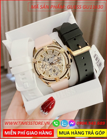 Đồng Hồ Nữ Guess Mặt Tròn Full Đá Vàng Gold Dây Silicone Hồng