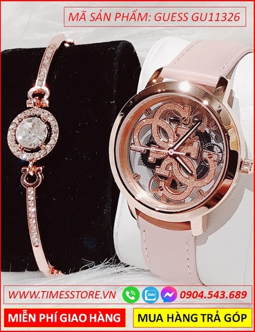 Đồng Hồ Guess Nữ Mặt Tròn Lộ Máy Full Rose Gold Dây Da Hồng