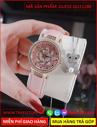 Đồng hồ Nữ Guess Bông Hoa Pha Lê Swarovski Dây Da Hồng