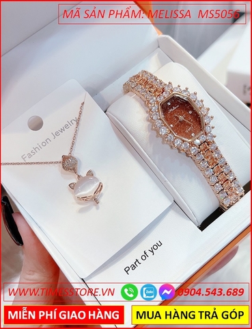 Set Đồng hồ Nữ Melissa Mặt Nâu Vòng Tay Swarovski Rose Gold (30mm)