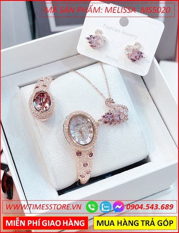 Set Đồng hồ Nữ Melissa Vòng Tay Rose Gold Đính Đá Đỏ Swarovski (28mm)