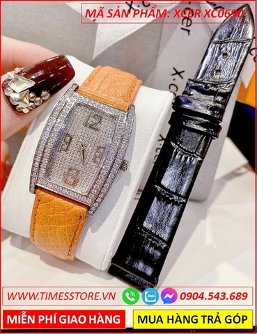 Set Đồng Hồ Xcer Nữ Mặt Chữ Nhật Full Đá Dây Da Cam