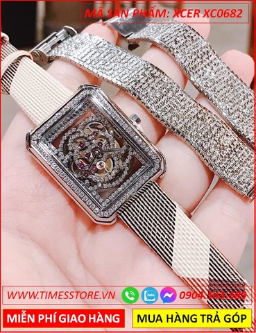 Set Đồng Hồ Xcer Nữ Mặt Chữ Nhật Lộ Máy Dây Da