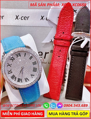 Set Đồng Hồ Xcer Nữ Mặt Tròn Full Đá Swarovski Dây Da Xanh