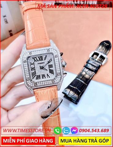 Set Đồng Hồ Xcer Nữ Mặt Vuông Full Đá Dây Da Cam