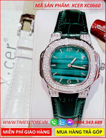 Set Đồng Hồ Xcer Nữ Mặt Vuông Xanh Đính Đá Dây Da Xanh Lá