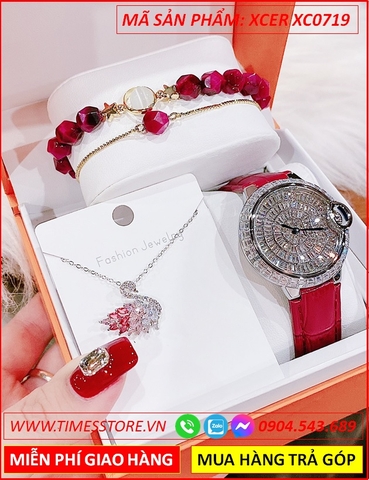 Set Đồng Hồ Xcer Nữ Tựa Cartier Mặt Full Pha Lê Dây Da Hồng