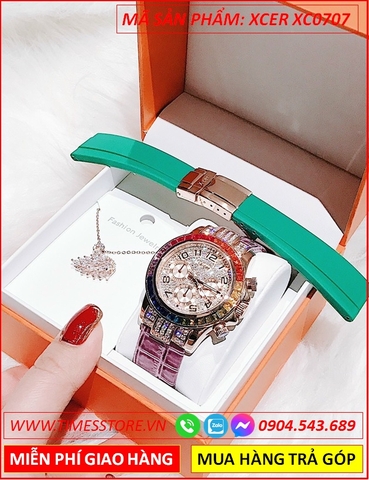 Set Đồng Hồ Xcer Nữ Tựa Rolex Full Đá Nhiều Màu Dây Da Tím