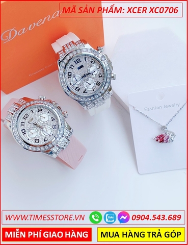 Set Đồng Hồ Xcer Nữ Tựa Rolex Full Đá Swarovski Dây Cao Su Tím