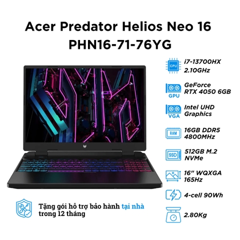 [New 100%] Acer Predator Helios Neo 16 2023 PHN16-71-76YG (i7-13700HX | RAM 16GB | SSD 512GB | RTX 4050 6GB | 16 inch WQXGA 165Hz)