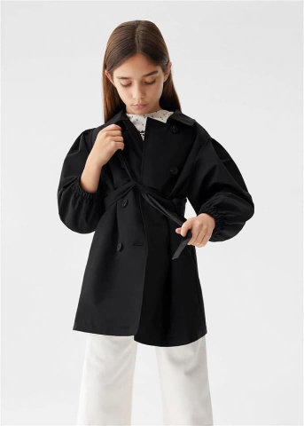 Áo trend coat Mango đen tay bo kèm dây đai cho bé gái
