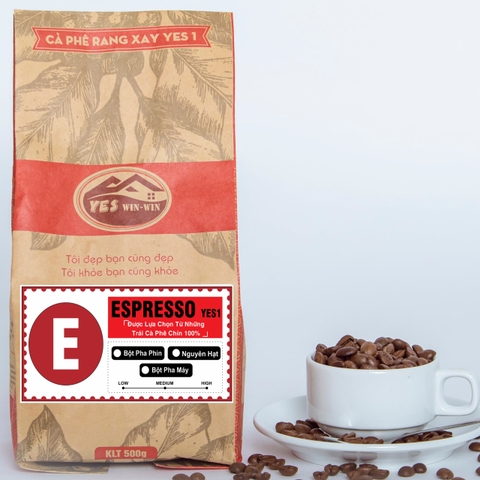 1Kg Cà Phê Nguyên Chất ESPRESSO YES1 rang mộc 100%  dành cho pha phin pha máy vị đậm đà thơm nồng - Gu Âu - 2 gói x 500g - Yeswinwin